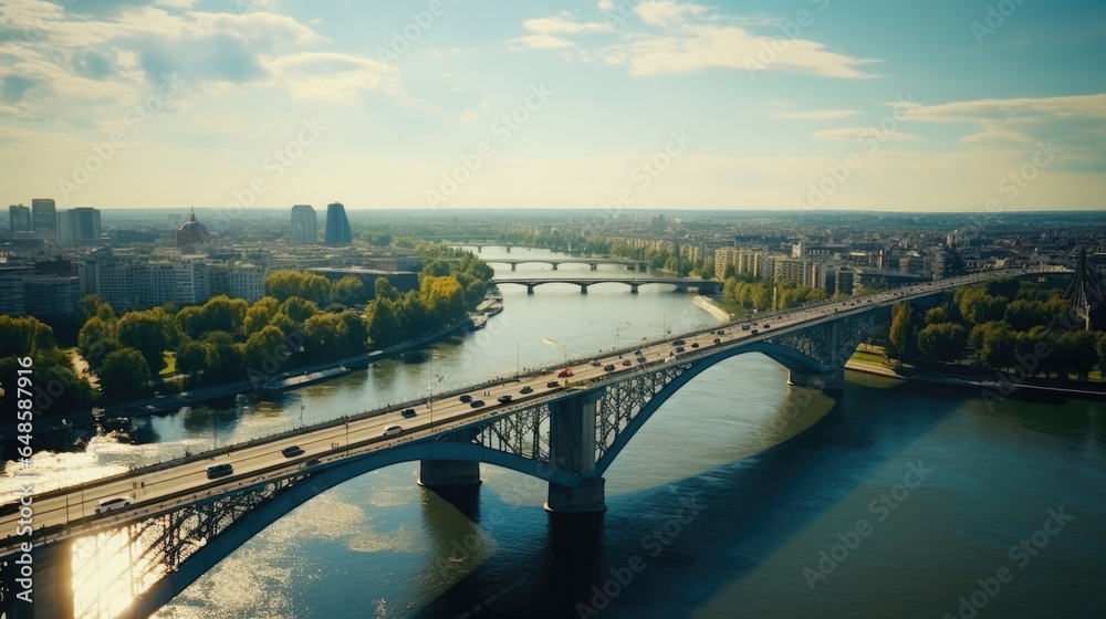 Drone shot capturing a city bridge spanning a river