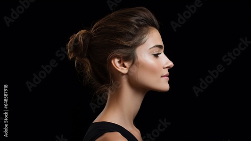 Close up side of a pretty young woman posing on black background photo