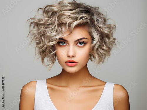 Charming portrait of a girl with short hair and exquisite makeup of natural beauty. Woman with messy blonde hair and subtle features. Unique style girl.