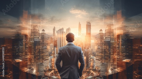 Double exposure image of the businessman standing back during sunrise overlay with cityscape image. The concept of modern life. generative ai