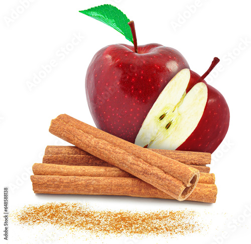 red apple with cinnamon isolated on white background