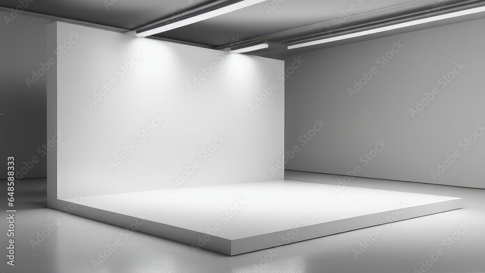 generative AI white Exhibition stage backdrop clean product background stand or podium pedestal on advertising display  - obrazy, fototapety, plakaty 