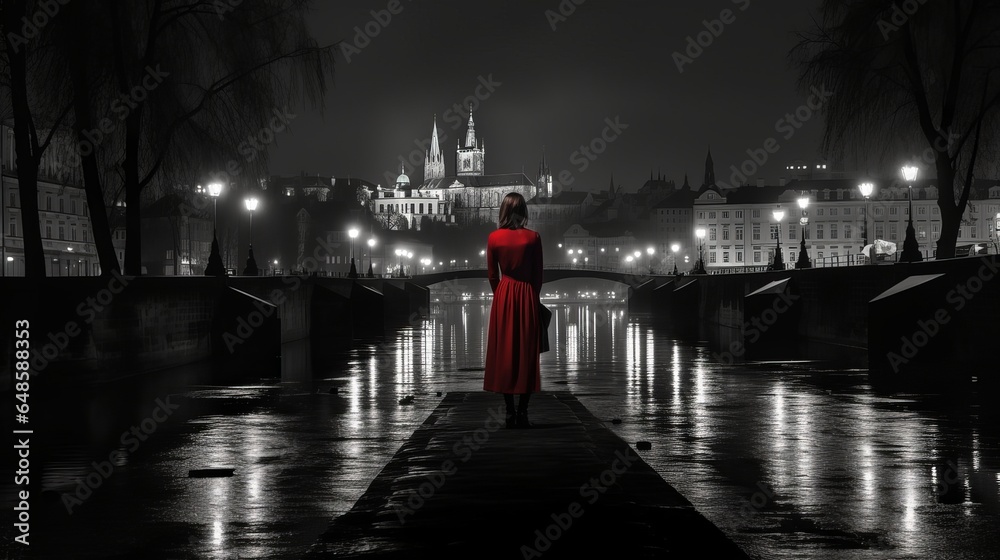 woman in red night gothic city