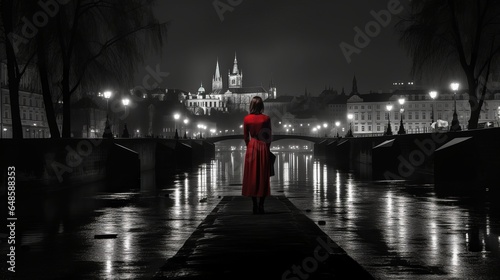 woman in red night gothic city