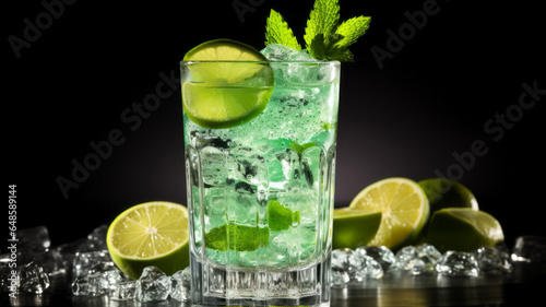 A glass of ice, mint and lime covered with drops