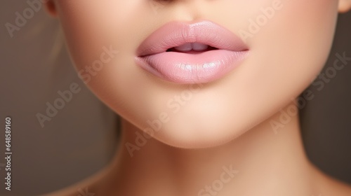 Close-up of a lovely young model s face. Injections of lip fillers. Fillers. Lip enhancement. Lips that are perfect thanks to hyaluronic acid. Close-up of a Sexy Mouth. generative ai