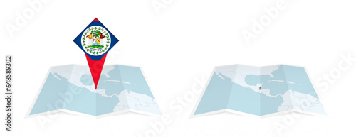 Two versions of an Belize folded map, one with a pinned country flag and one with a flag in the map contour. Template for both print and online design.