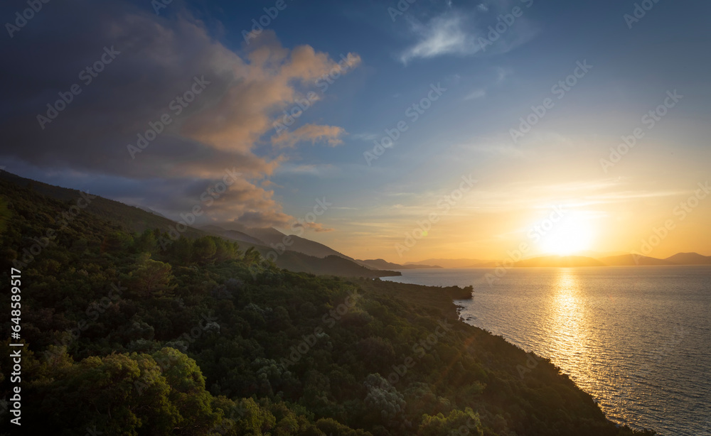 A view from the Aegean sea. A landscape photo taken at sunset. A view from the Aegean sea. A landscape photo taken at sunset.