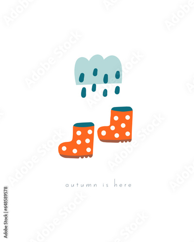 Autumn postcard with cute rainy cloud,boots.