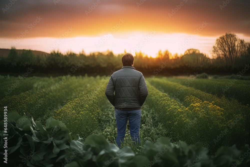 Back view of a mature gardener in a garden at sunset