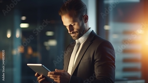 Portrait of senior businessman using tablet in front of his modern office