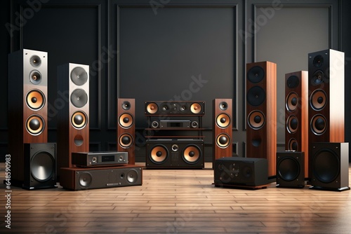 Top-quality speakers and audio gear for home cinema and sound studios. 3D rendering. Generative AI photo