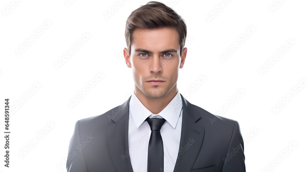 Close-up of a handsome young businessman smiling in a stylish suit against a white background. generative ai Close-up of a handsome young businessman smiling in a stylish suit against a white background. generative ai