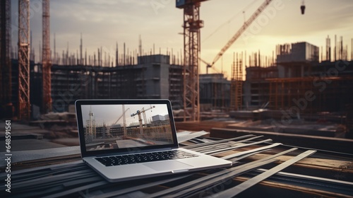 Laptop with construction site projects. generative ai