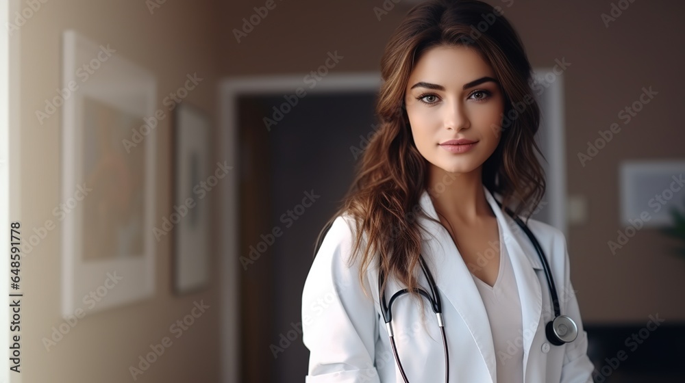 Woman doctor looking at the camera in hospital. generative ai Woman doctor looking at the camera in hospital. generative ai