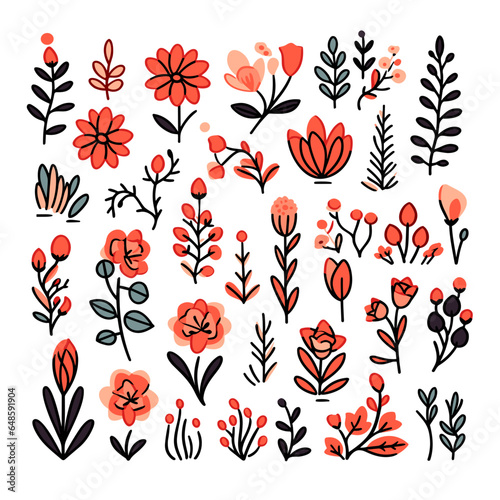 Flower bed set of vector icons in minimalistic, black and red line work, japan web, icons pack