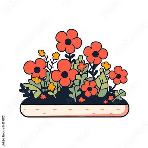 Flower bed vector icon in minimalistic, black and red line work, japan web