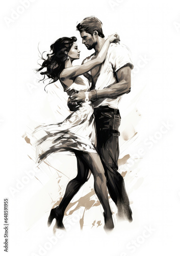 black and white watercolor painting of a dancing couple