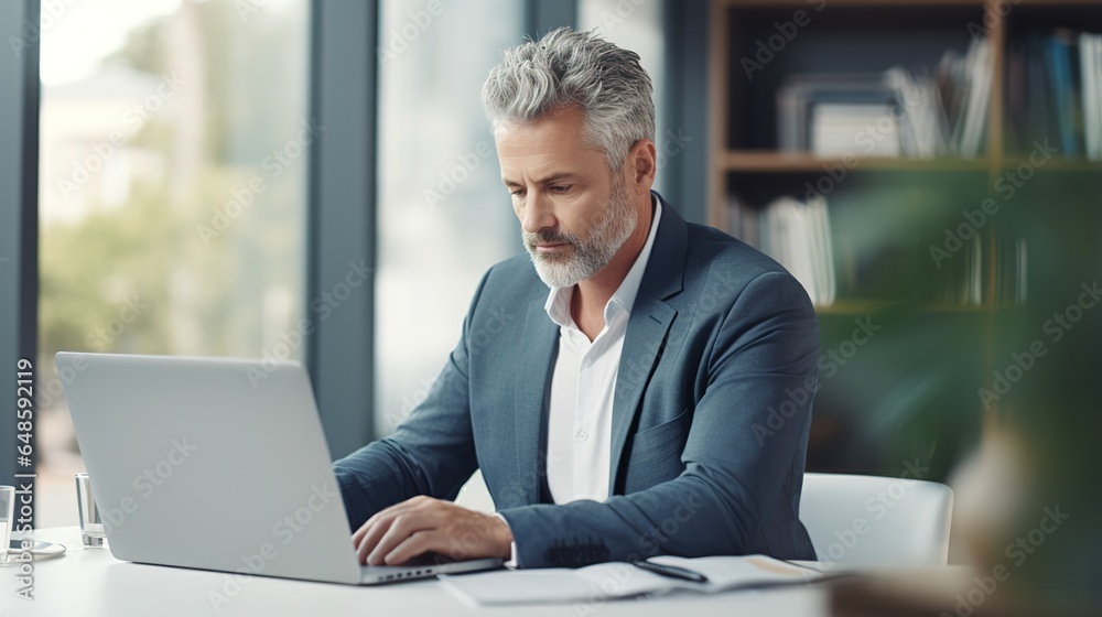 businessman works on his laptop at home. remote teacher at home office using computer remote studying, virtual training, and watching online education webinar. generative ai