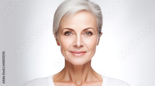 Senior model with grey hair laughs and smiles. Portrait of an elderly lady in close-up. Skincare cosmetics  healthy face skin care.