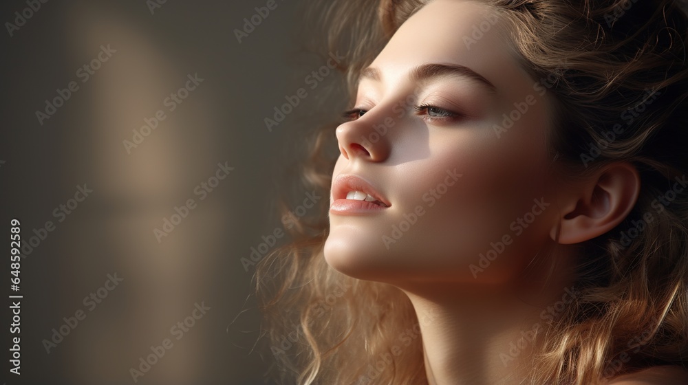 Fototapeta premium Fresh beauty model young spa gorgeous female beauty lady eyes face healthy pure skin natural makeup. generative ai