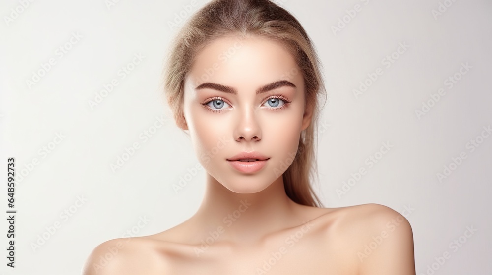 Beautiful smiling girl with clean skin, natural make-up on a white background. generative ai Beautiful smiling girl with clean skin, natural make-up on a white background. generative ai