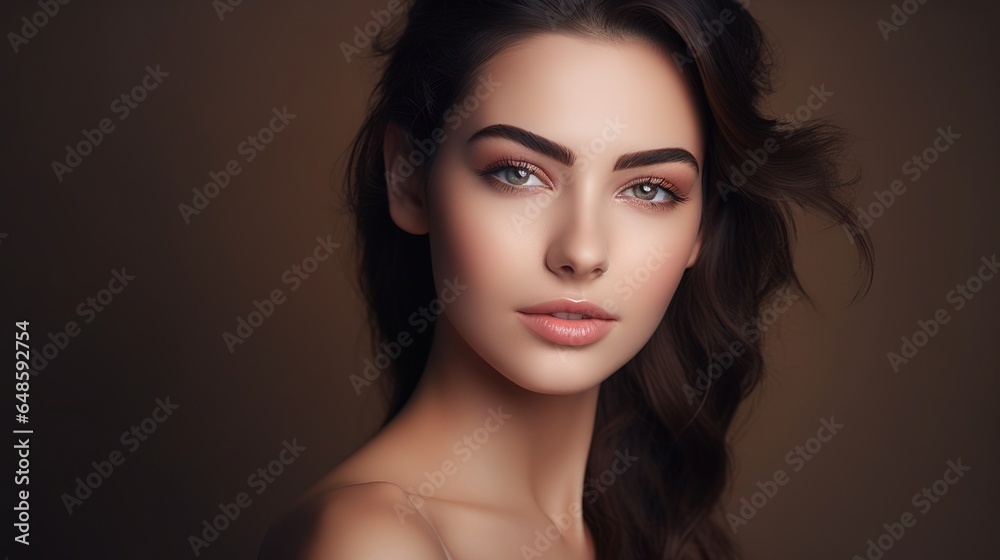 Face of beauty. Portrait of a woman with natural makeup and good skin. Closeup of a beautiful girl model stroking fresh shining moisturize facial skin on a beige background. generative ai Face of beauty. Portrait of a woman with natural makeup and good skin. Closeup of a beautiful girl model stroking fresh shining moisturize facial skin on a beige background. generative ai