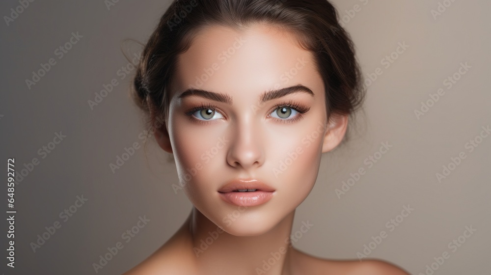 Concept for Beauty and Skincare. Natural young woman's face with no makeup. generative ai - obrazy, fototapety, plakaty 