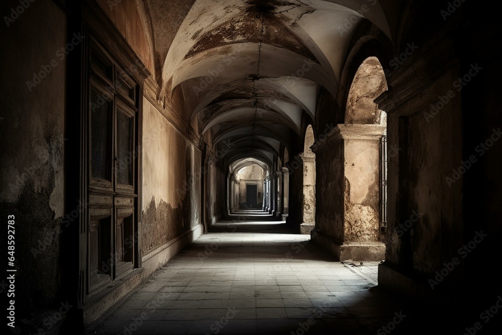 An eerie corridor within an ancient palace, dimly lit and giving off an unsettling vibe. Generative AI