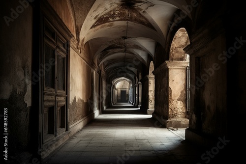 An eerie corridor within an ancient palace, dimly lit and giving off an unsettling vibe. Generative AI