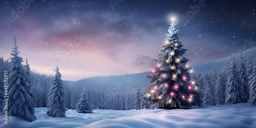 Winter background with bright lights and snow on christmas tree with decorations