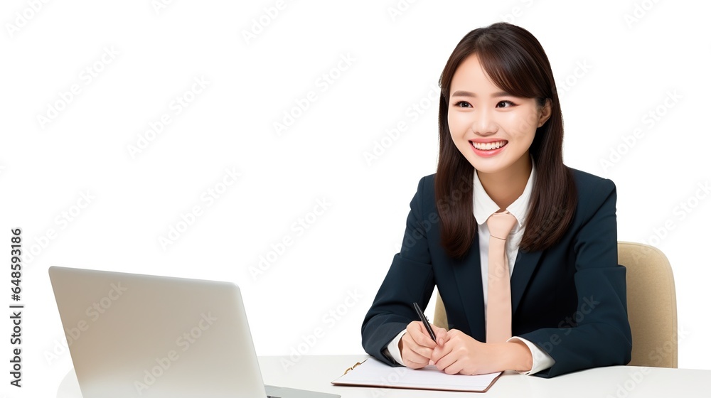 portrait of a asian woman working on laptop on white background. generative ai portrait of a asian woman working on laptop on white background. generative ai