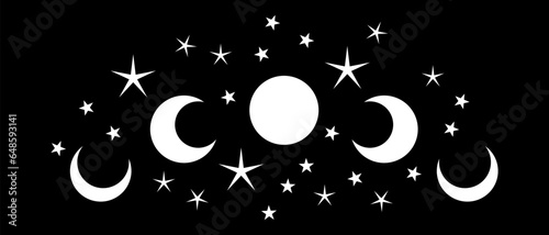 Magic moon and stars icon. Graphic elements for astrology. Boho witch and magic symbol. White goth moon illustration isolated on black background. Vector EPS 10