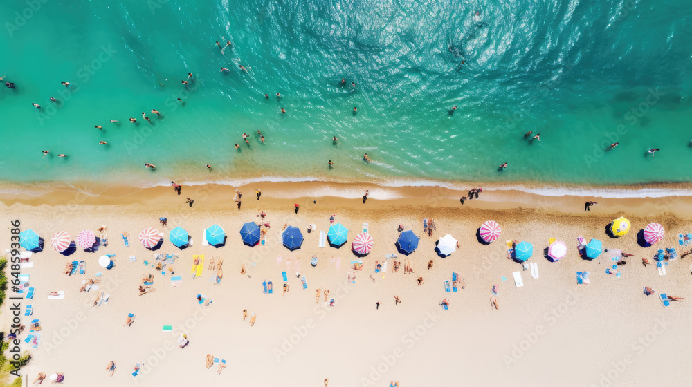 Top-down view from a drone showcasing a lively beach with people sunbathing and playing