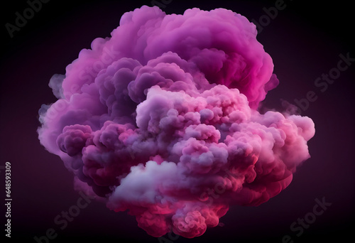 Purple and pink smoke cloud is in the air with a black background. Generative AI