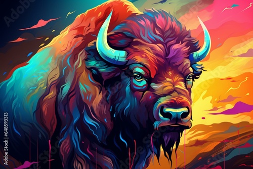A stunning artwork of a bison in animated style. Generative AI © Orla