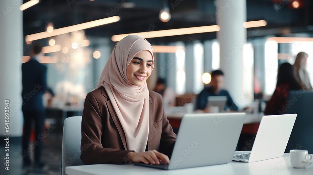 Happy muslim businesswoman in hijab at office workplace. Smiling Arabic ...