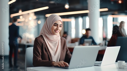 Photographie Happy muslim businesswoman in hijab at office workplace