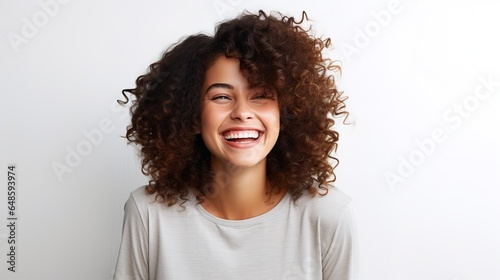 Billede på lærred close up portrait of young happy woman looking in camera