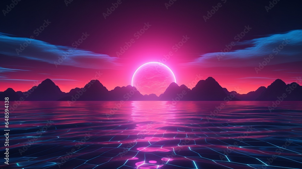 A serene sunset over a calm body of water in a stunning computer-generated image
