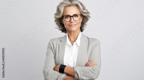 portrait of a senior woman to camera standing pose on isolated white background. Female in suit portrait shot in studio. generative ai