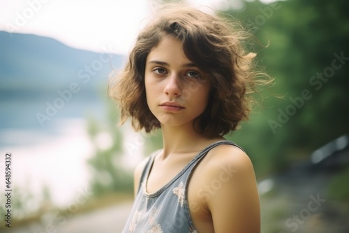 Portrait of a Beeautiful Fictional Brunette Teenager Girl Model with Mid-Short Hair Posing Outsite in Elegant & Casual Clothes. Generative AI.