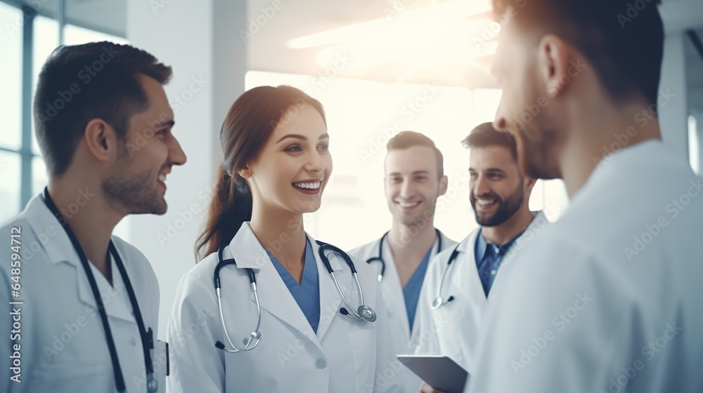 portrait of a smiling doctor with team in hospital background. generative ai portrait of a smiling doctor with team in hospital background. generative ai