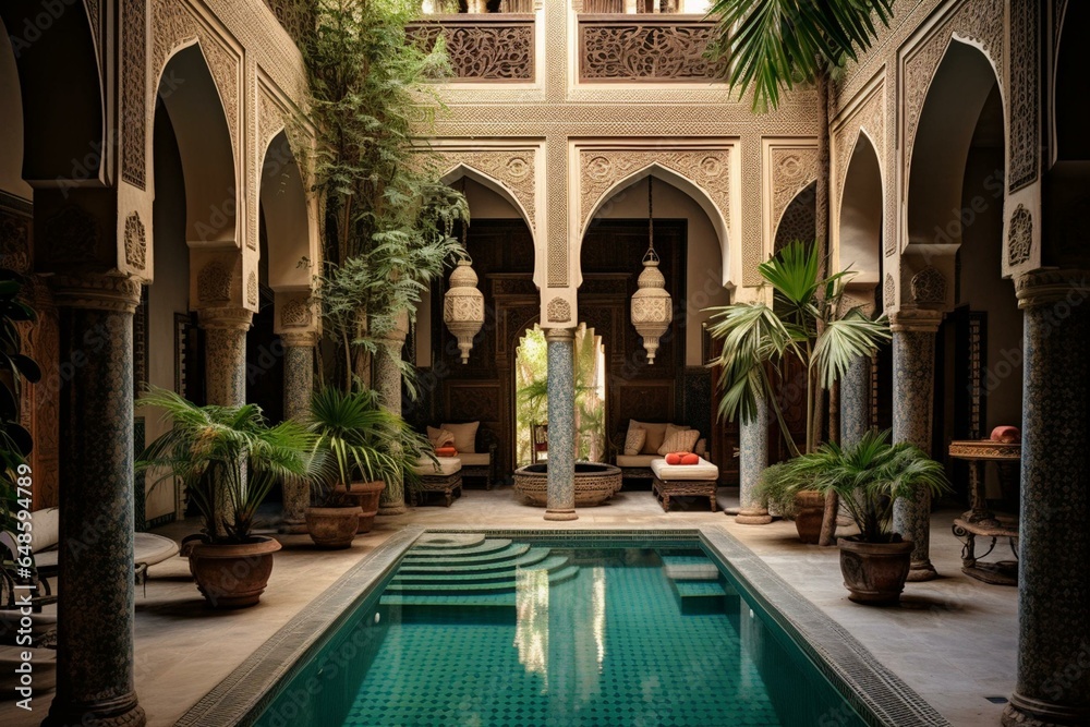 Courtyard with pool in Moroccan riad. Generative AI