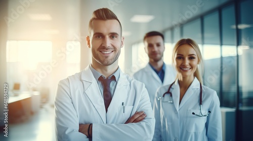 portrait of a smiling doctor with team in hospital background. generative ai