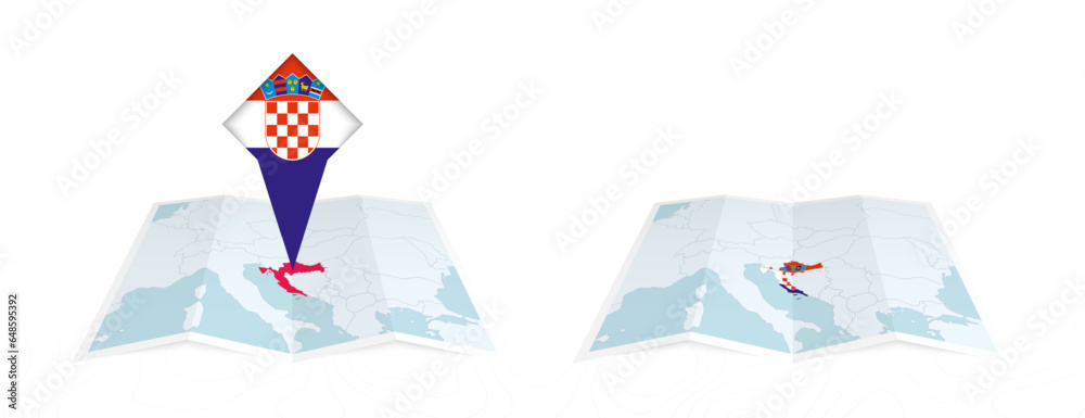 Fototapeta premium Two versions of an Croatia folded map, one with a pinned country flag and one with a flag in the map contour. Template for both print and online design.