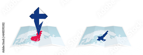 Two versions of an Finland folded map, one with a pinned country flag and one with a flag in the map contour. Template for both print and online design.
