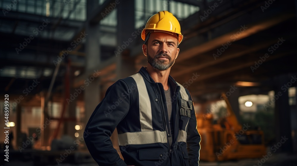 portrait of a handsome and happy professional worker wearing a safety vest and hard hat and smiling with his arms crossed. generative ai portrait of a handsome and happy professional worker wearing a safety vest and hard hat and smiling with his arms crossed. generative ai
