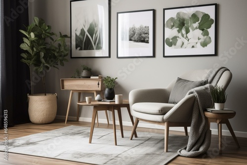 Contemporary living room setup with comfy chair  trendy rug  and botanical art collection. Generative AI
