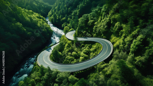 From above, a mesmerizing drone shot of a winding road cutting through a dense forest